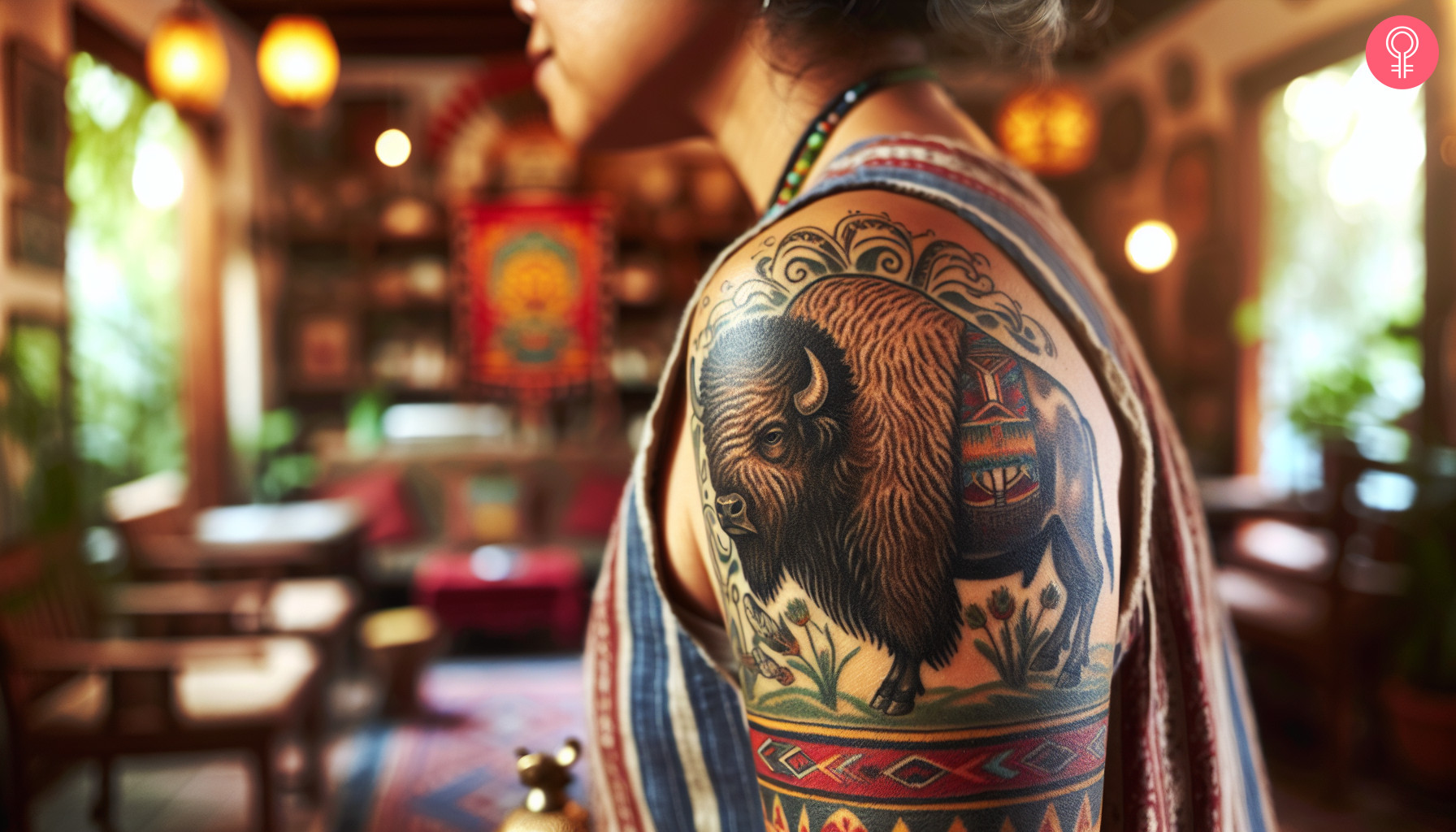 A woman with a traditional buffalo tattoo on her upper arm