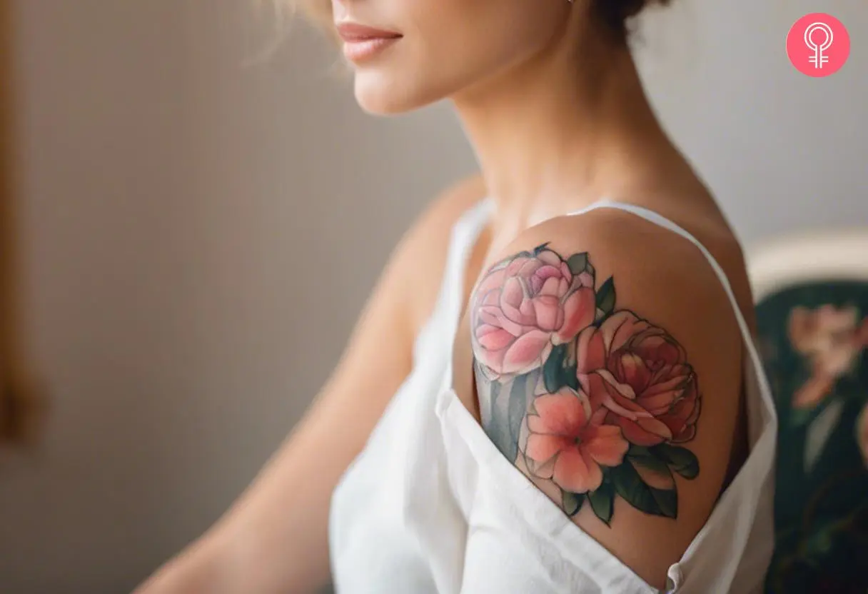 A woman with a traditional flower shoulder cap tattoo