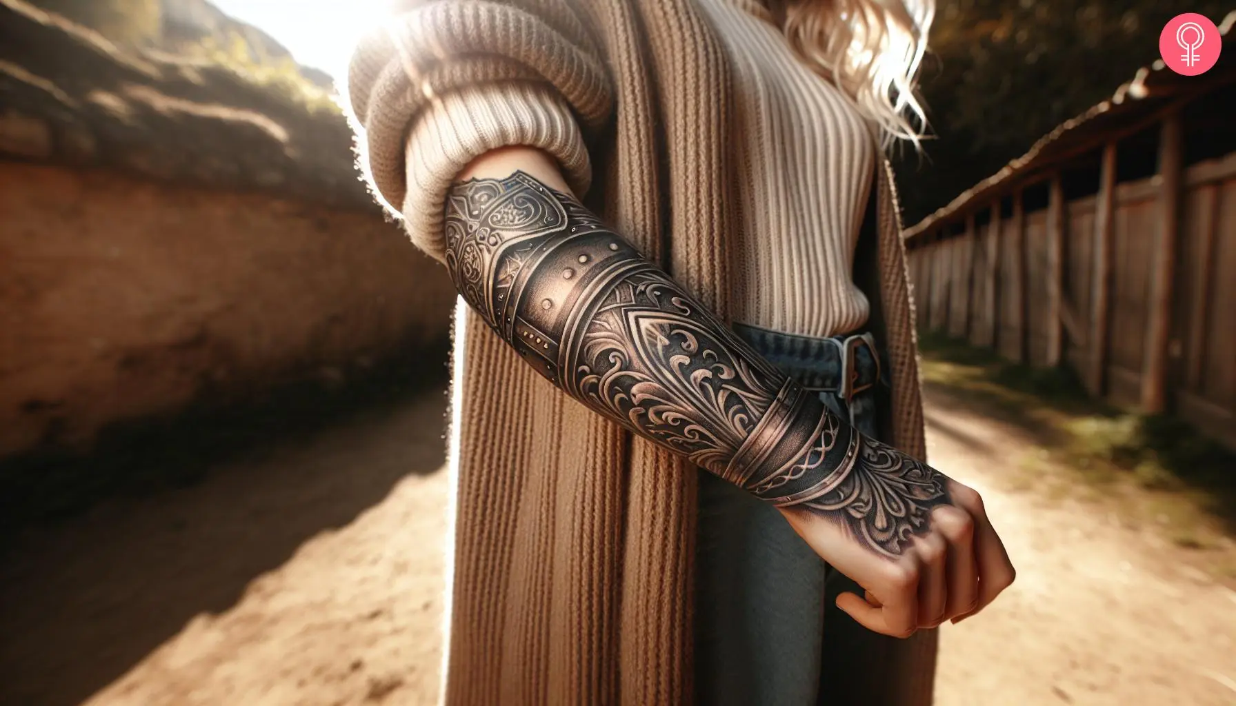 A woman with a traditional gauntlet tattoo on her forearm