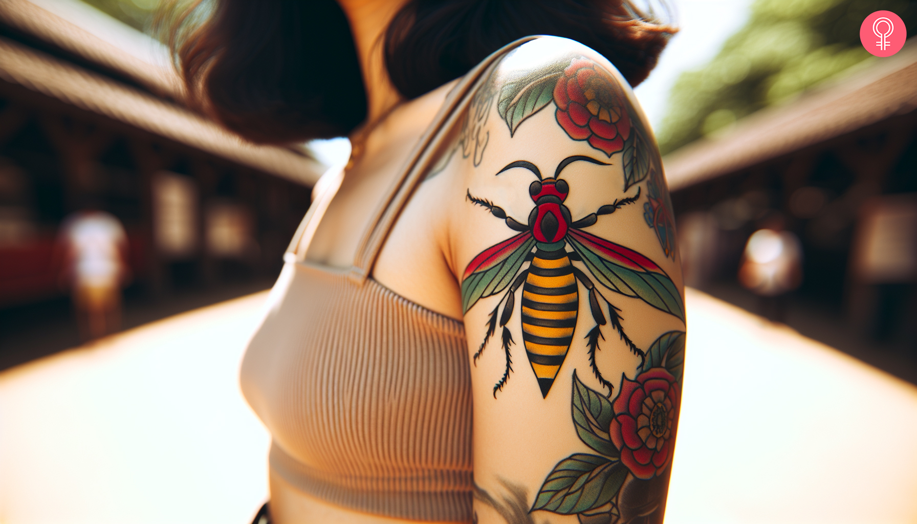 A woman with a traditional hornet tattoo and flowers on the upper arm