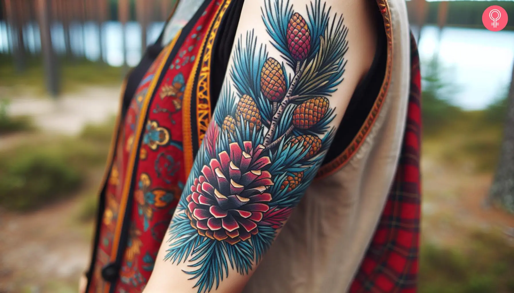 A woman with a traditional pine cone tattoo featuring smaller pine cones and leaves