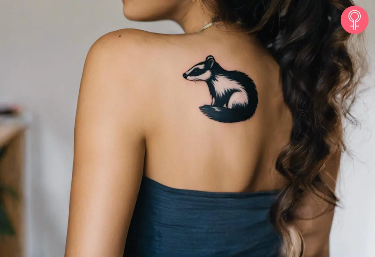 A woman with a traditional skunk tattoo on her shoulder