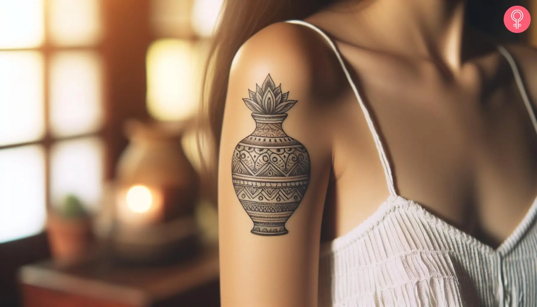 A woman with a traditional vase tattoo on her upper arm