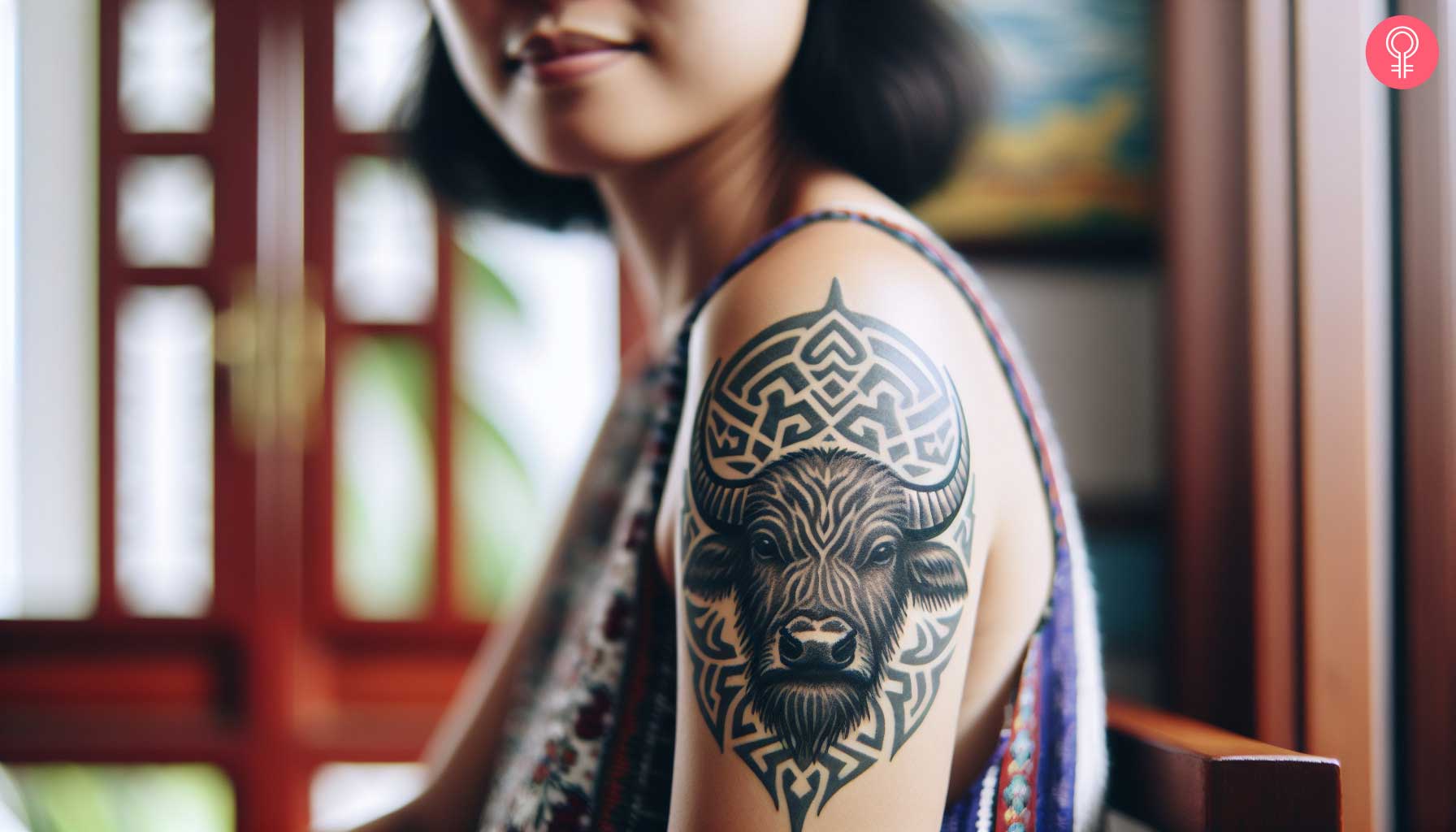 A woman with a tribal-style buffalo tattoo on her upper arm