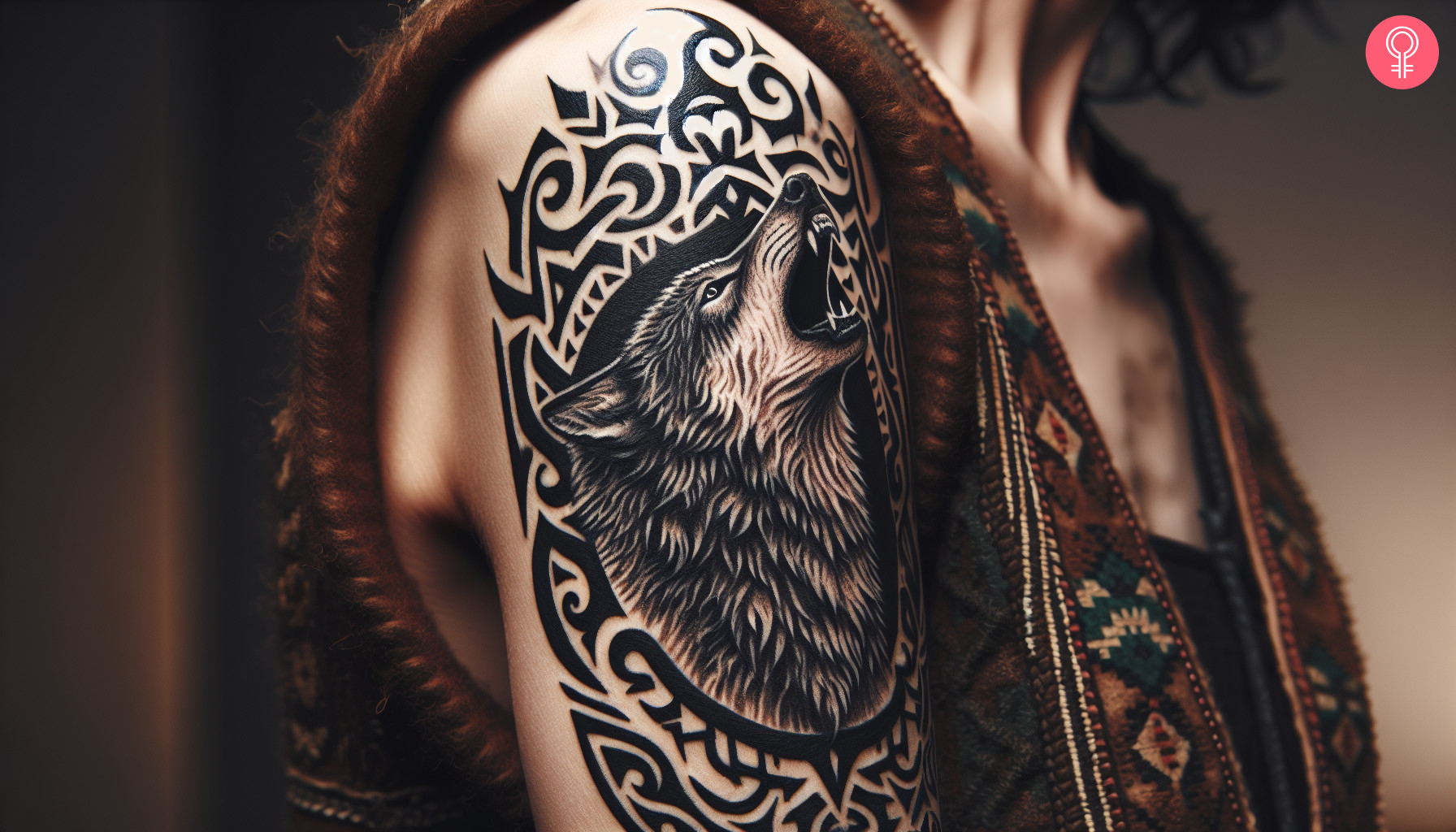 A woman with a tribal-style howling wolf tattoo on her upper arm