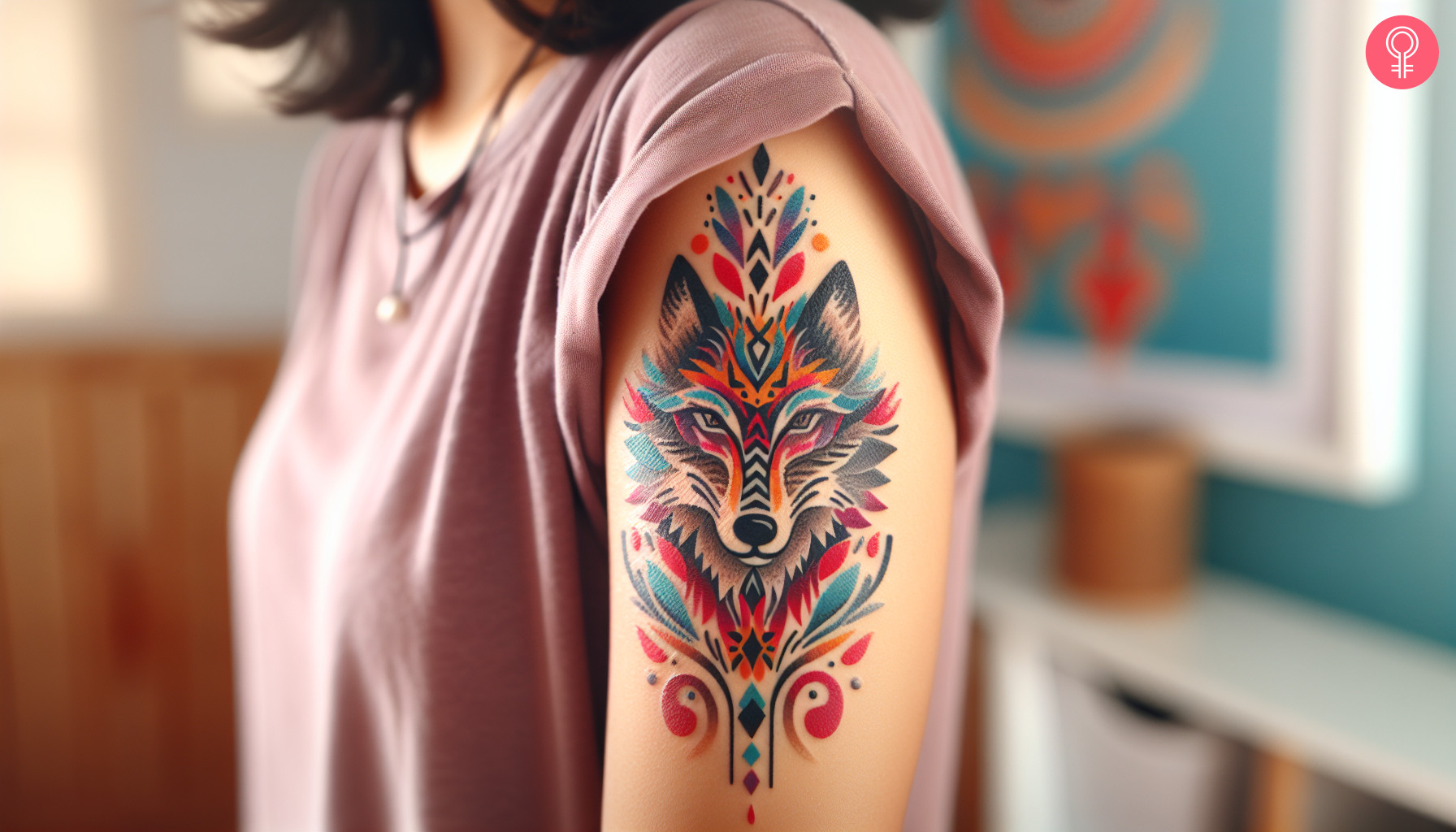 A woman with a vibrant American contemporary wolf tattoo on her upper arm