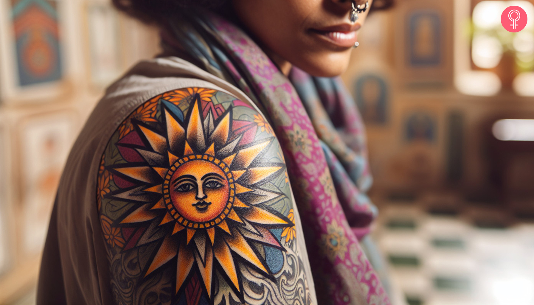 A woman with a vibrant, American-traditional sun shoulder cap tattoo