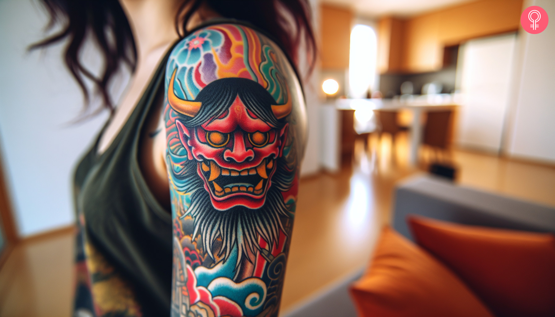 A woman with a vibrant contemporary Japanese oni mask tattoo on her upper arm