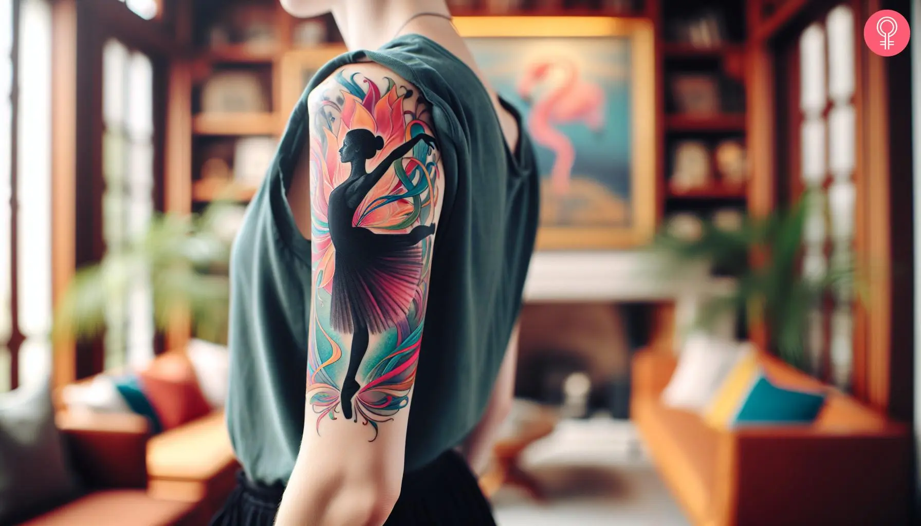 A woman with a vibrant contemporary ballerina dancer tattoo on her upper arm