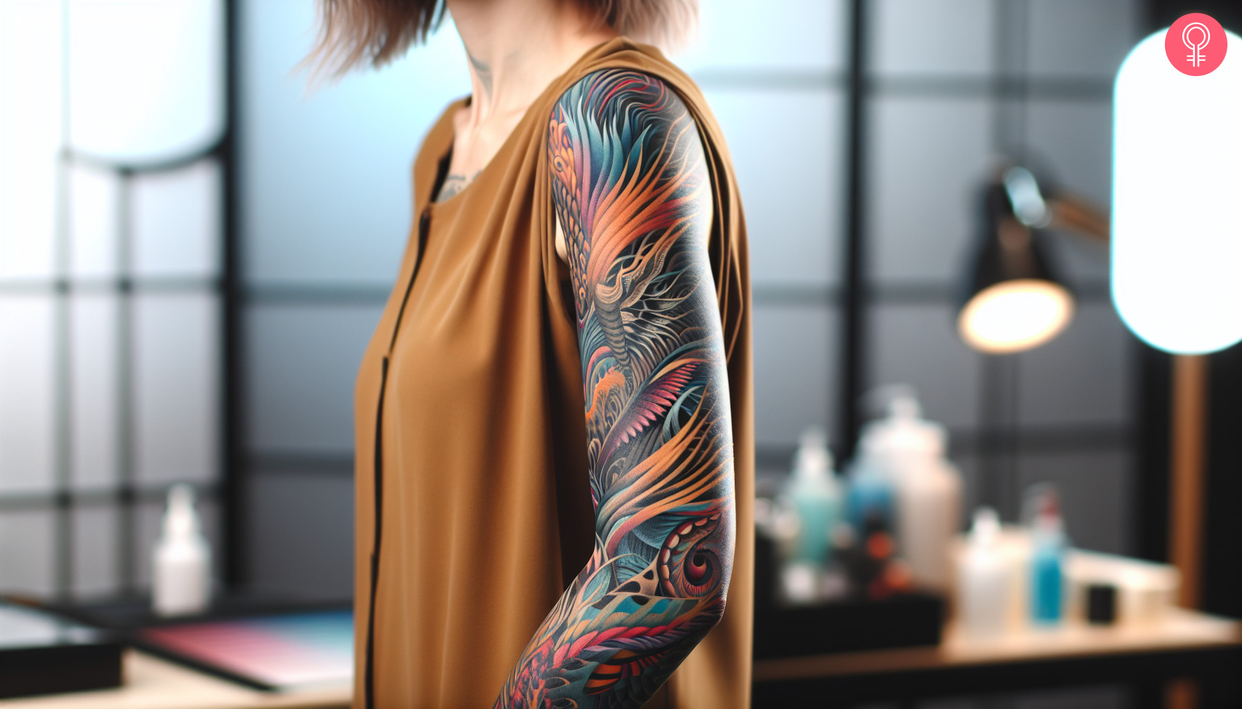 A woman with a vibrant contemporary full sleeve tattoo