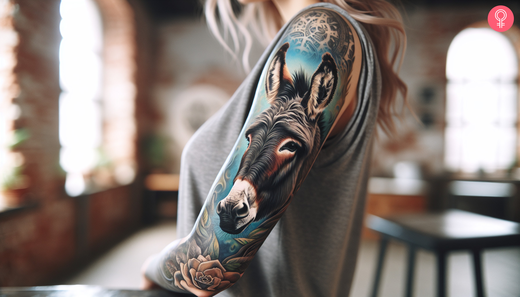 A woman with a vibrant donkey tattoo on her sleeve