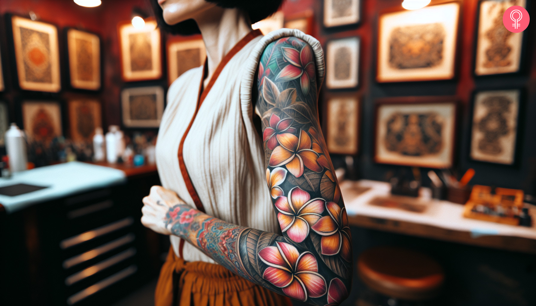 A woman with a vibrant frangipani flower full sleeve tattoo