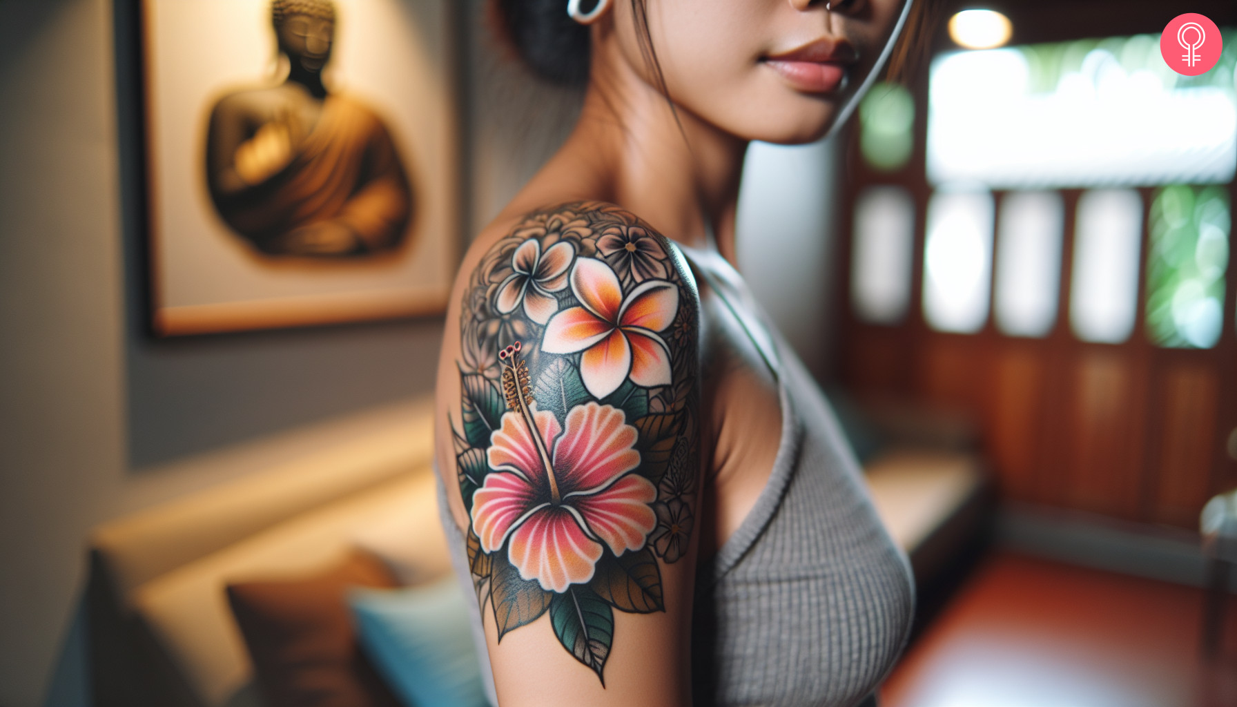 A woman with a vibrant hibiscus and frangipani flower tattoo on her upper arm