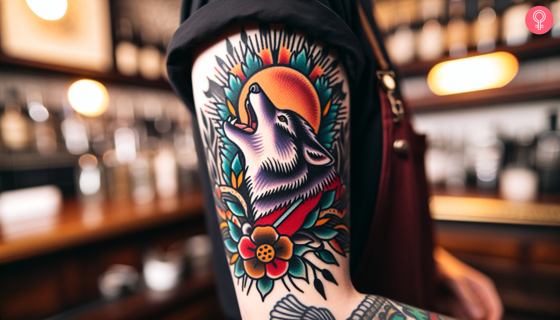 A woman with a vibrant howling wolf tattoo on her upper arm