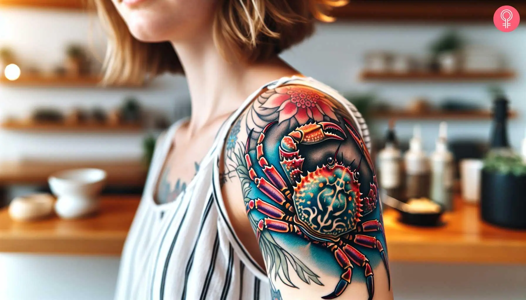 A woman with a vibrant king crab tattoo on her upper arm