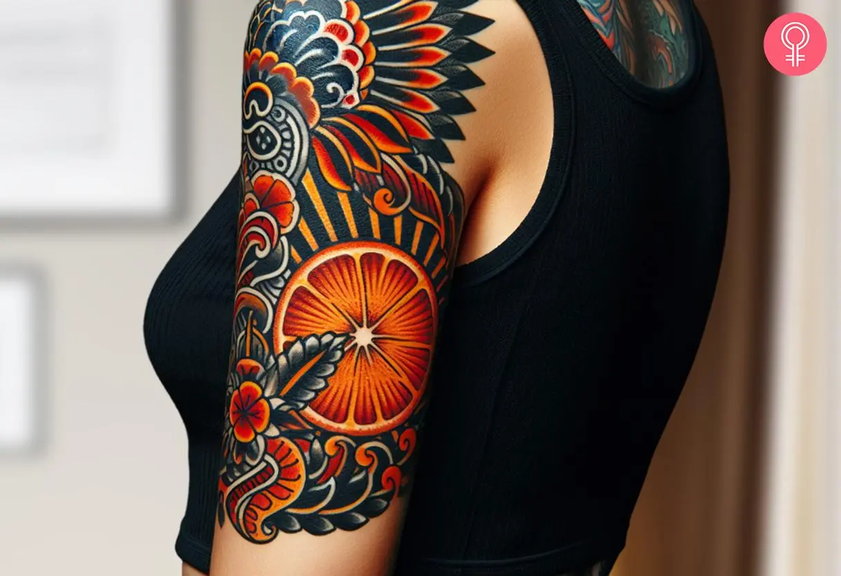 A woman with a vibrant neo-traditional style orange tattoo on her upper arm