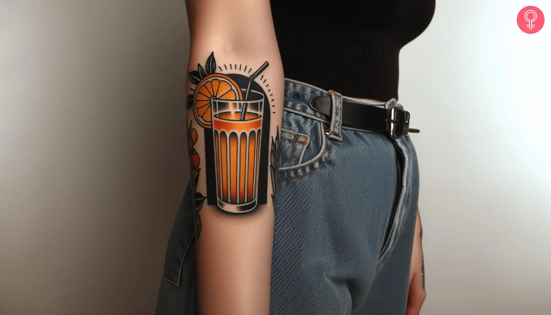 A woman with a vibrant orange juice tattoo on her forearm