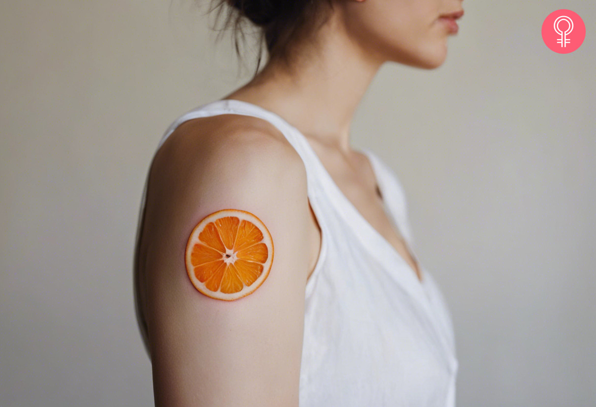 A woman with a vibrant orange slice tattoo on her upper arm