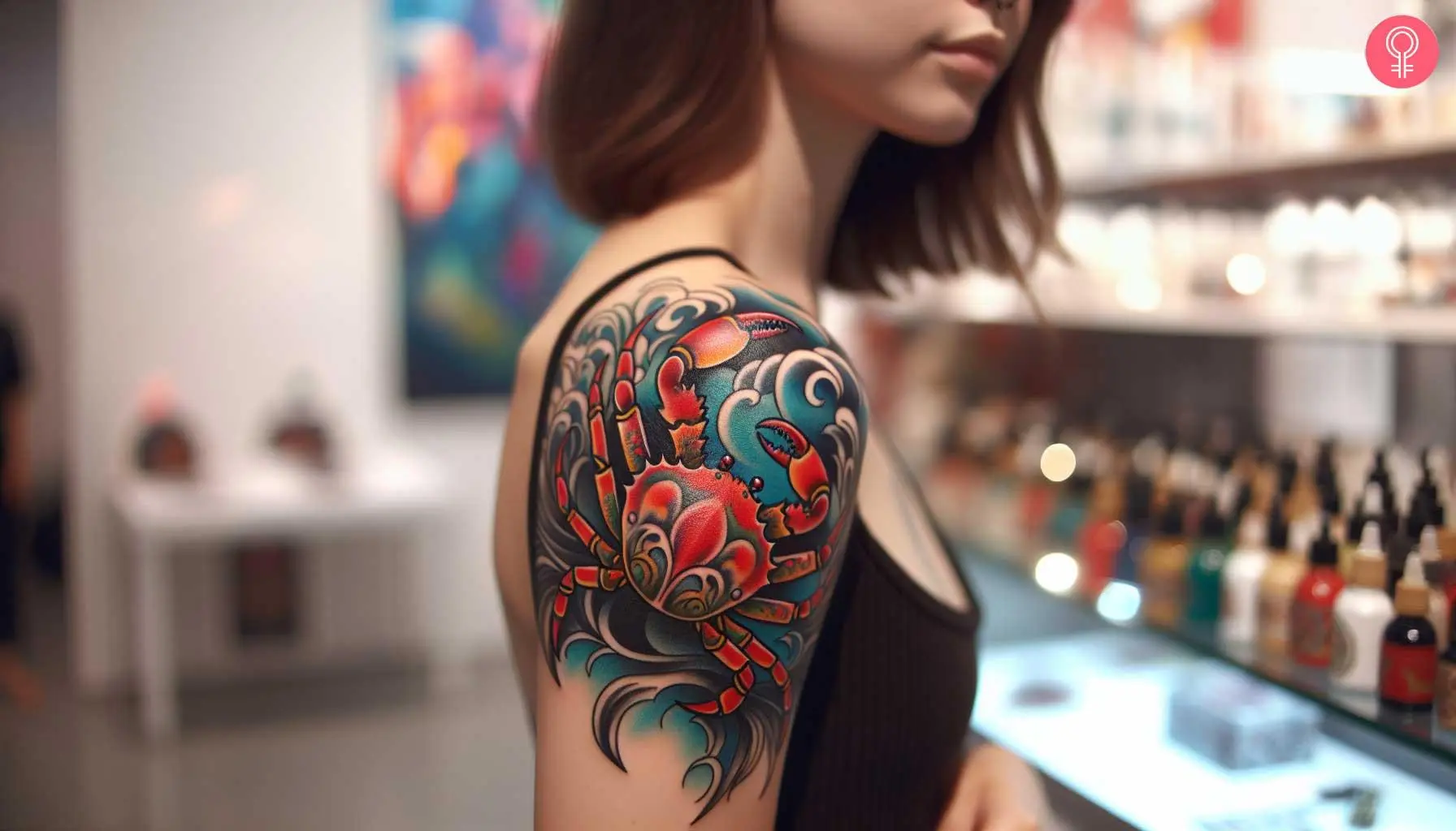 A woman with a vibrant traditional crab tattoo on her upper arm