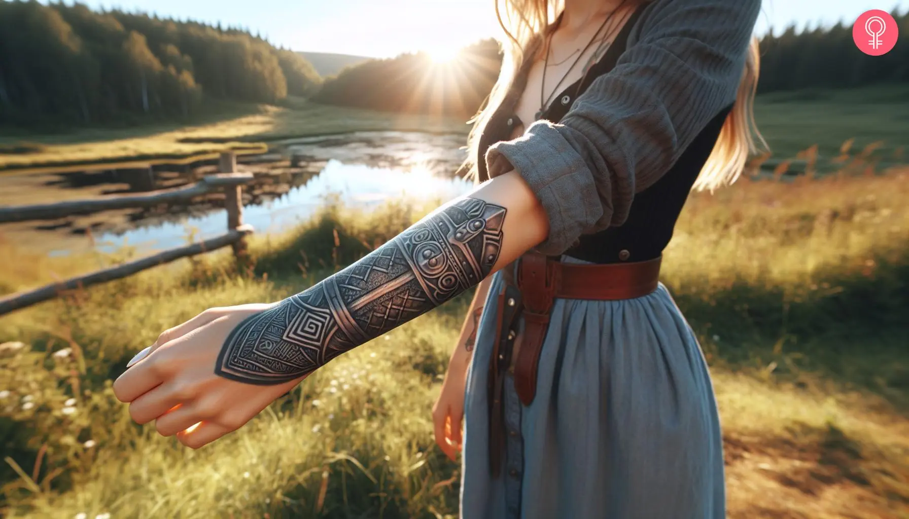 A woman with a viking gauntlet tattoo on her forearm