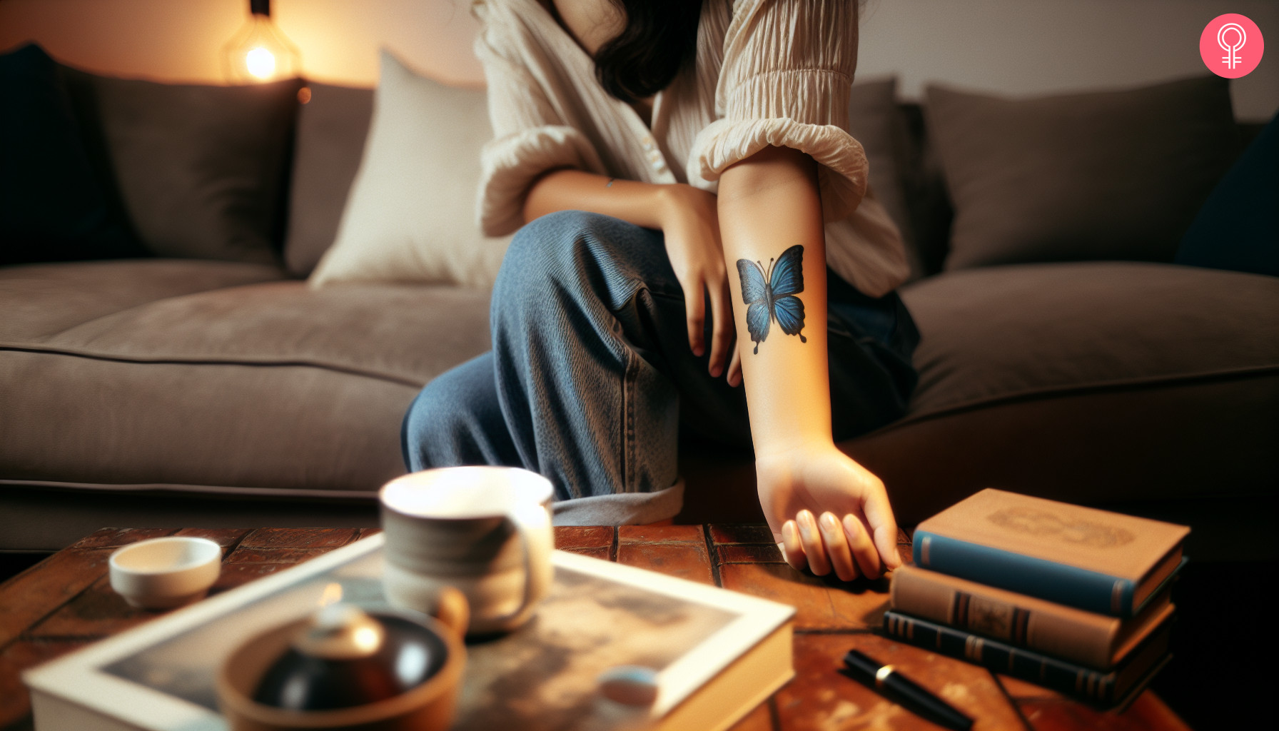 A woman with a vivid blue monarch butterfly tattoo on her lower arm