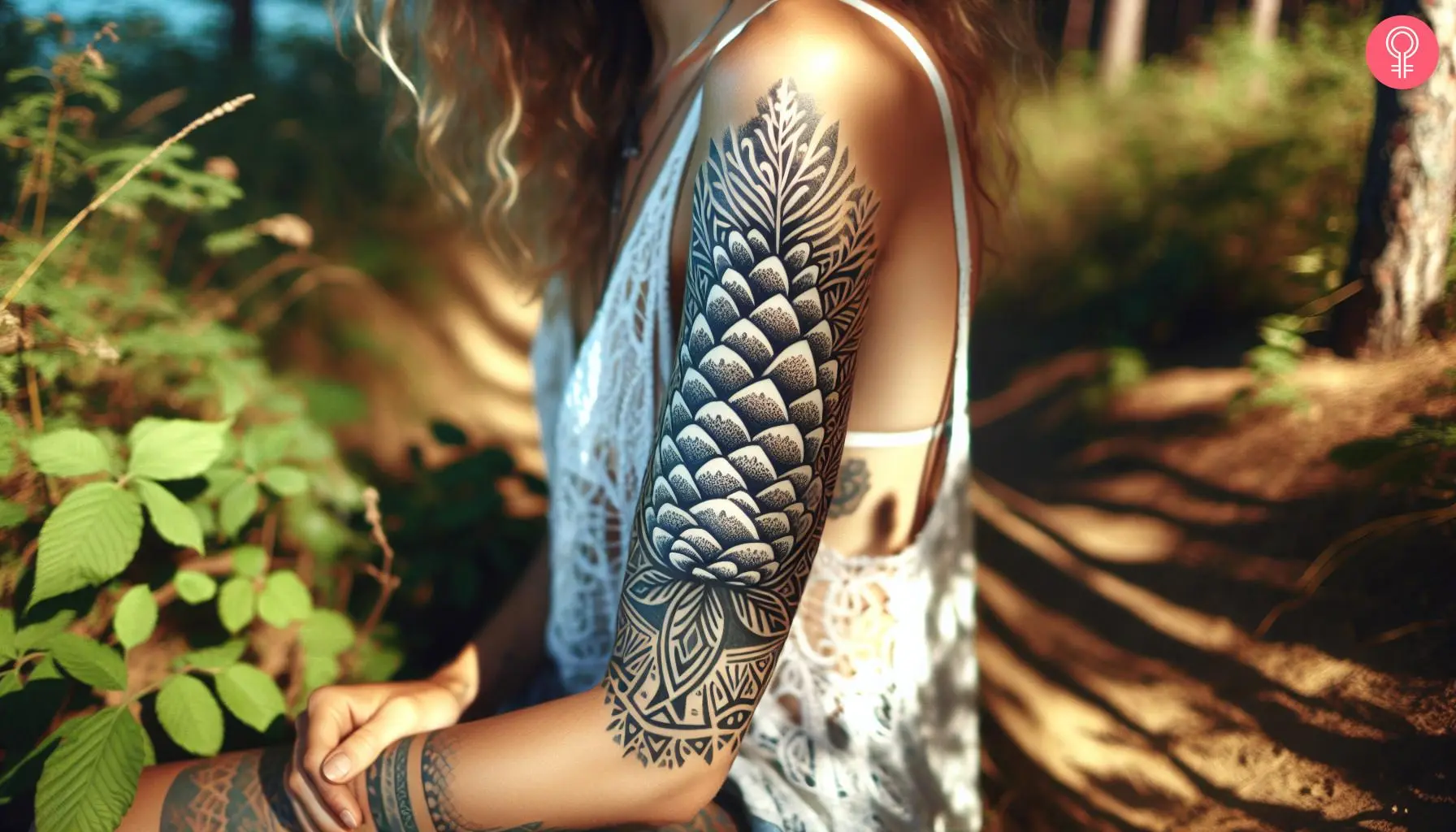 A woman with a white pine cone tattoo on the upper arm