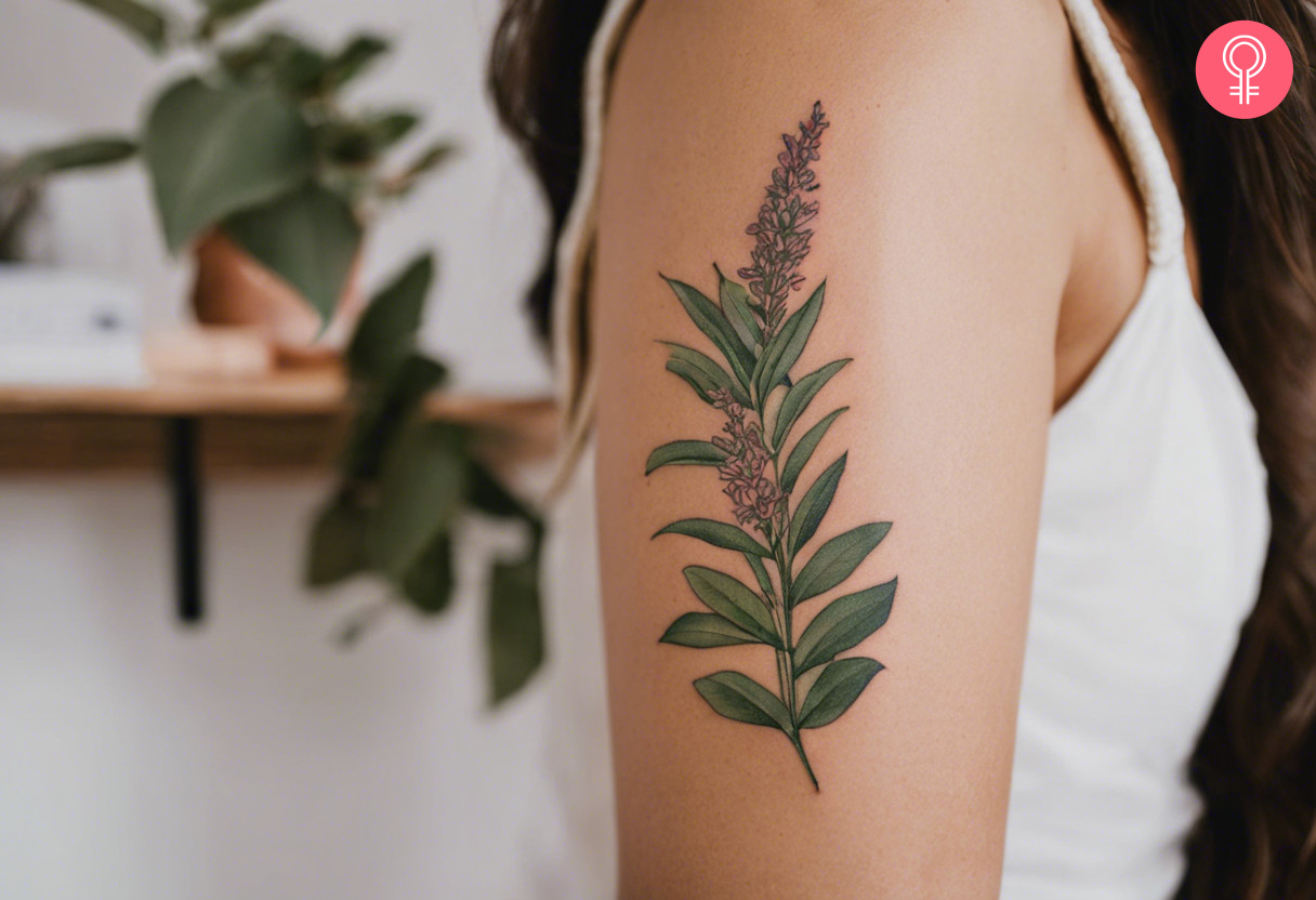 A woman with a wild sage tattoo on her bicep