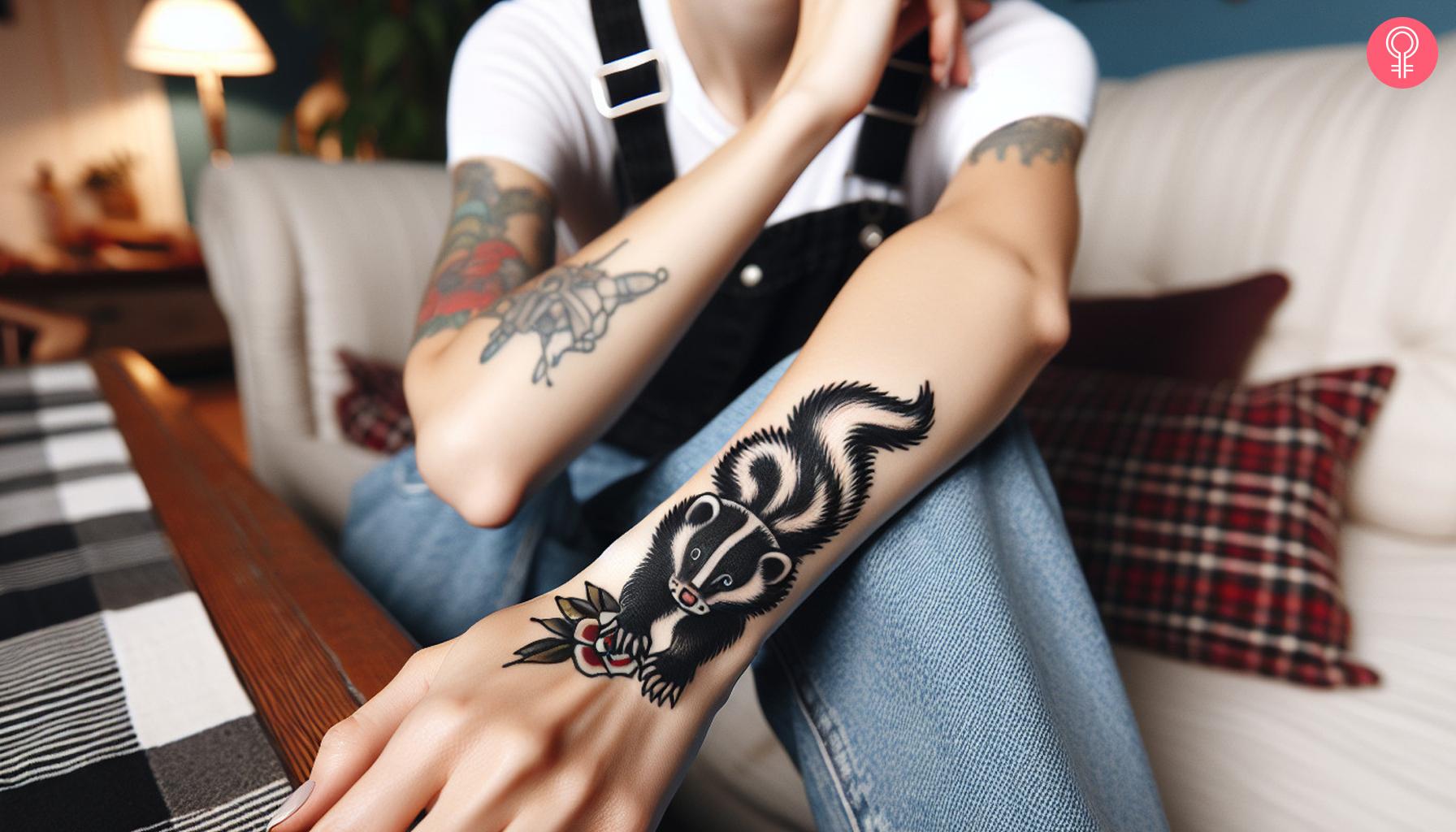 A woman with a traditional American skunk tattoo on her arm