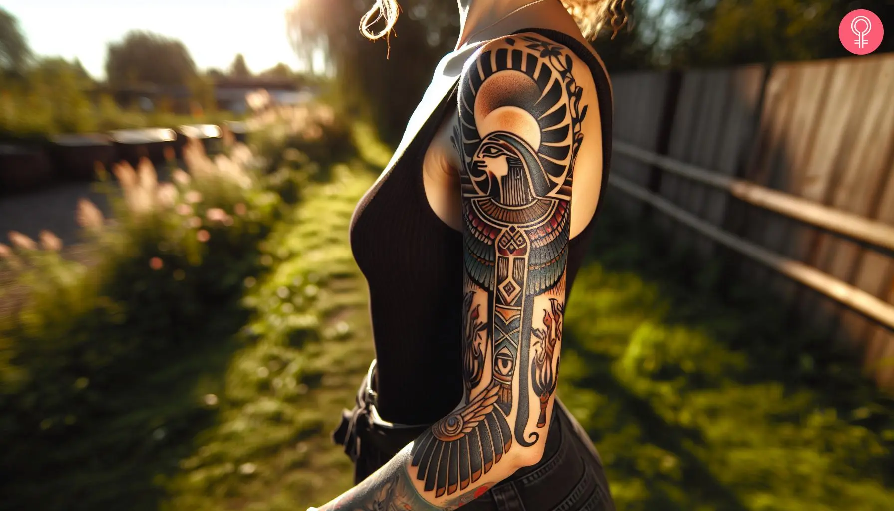 A woman with an Egyptian thoth tattoo on her arm