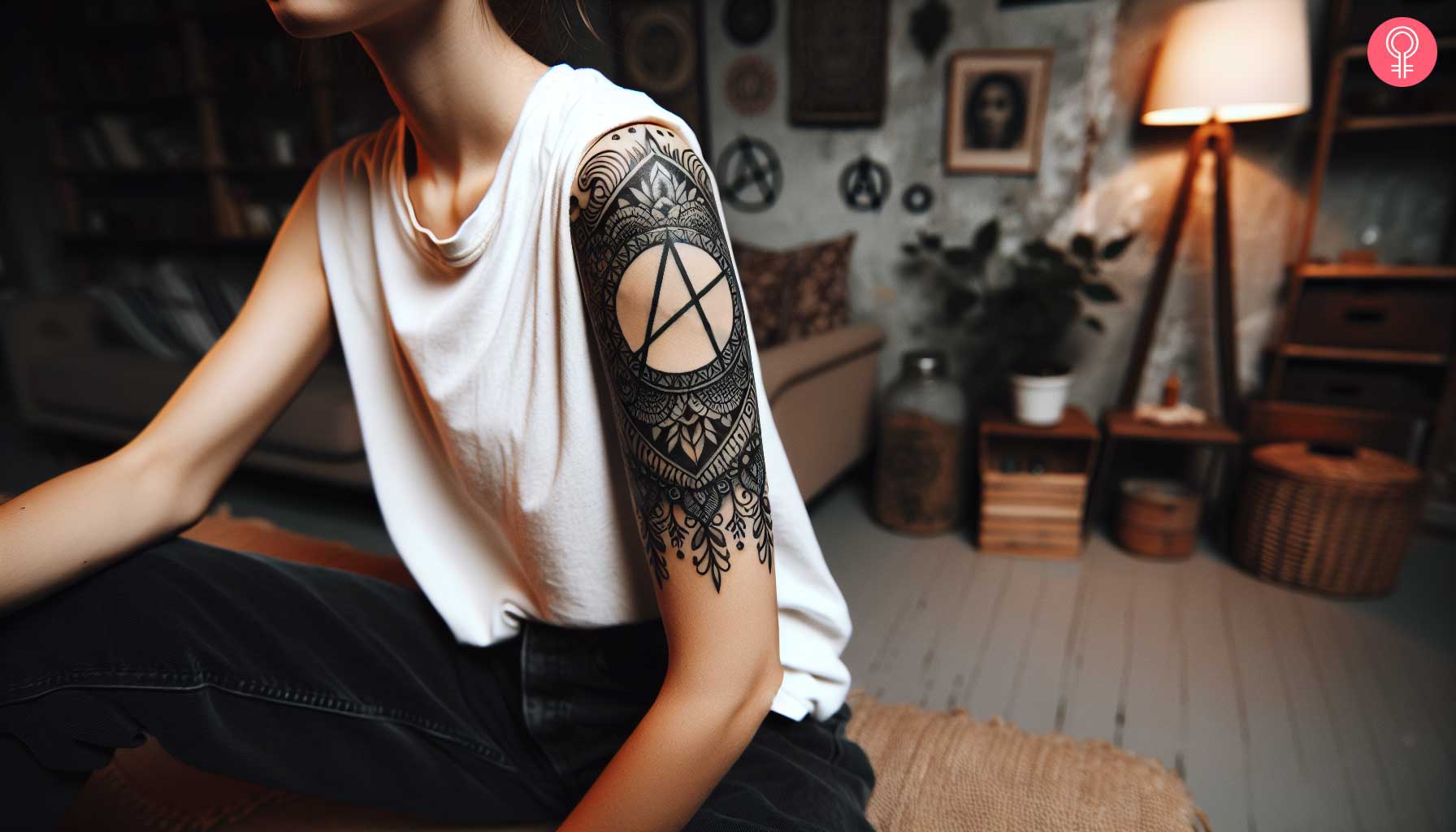 A woman with an anarchy symbol sleeve tattoo on her upper arm