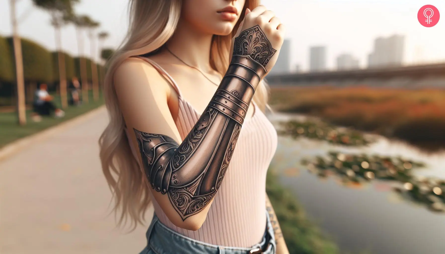 A woman with an armor gauntlet tattoo on her forearm