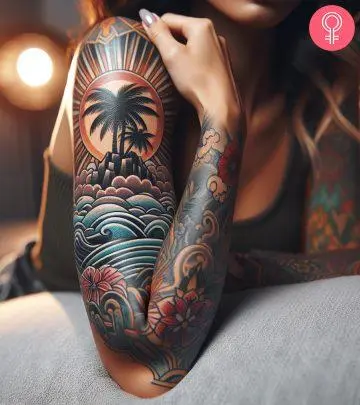 A woman with an island tattoo on her arm