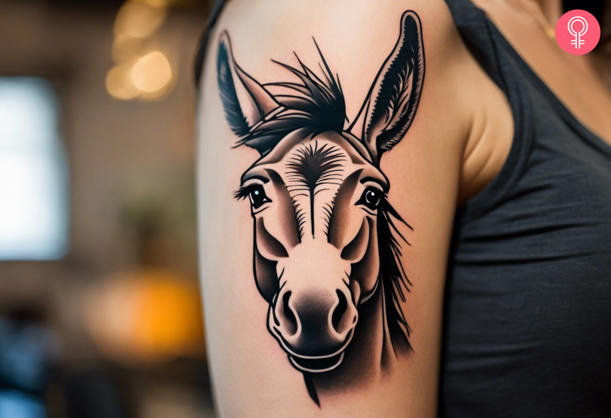 A woman with an old-school style donkey tattoo on her upper arm