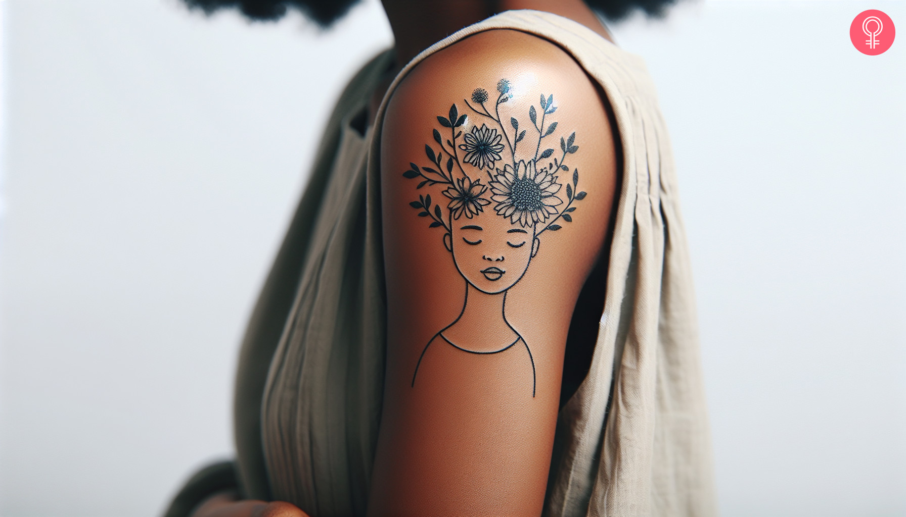 A woman with an outline of black girl flower head tattoo on the upper arm