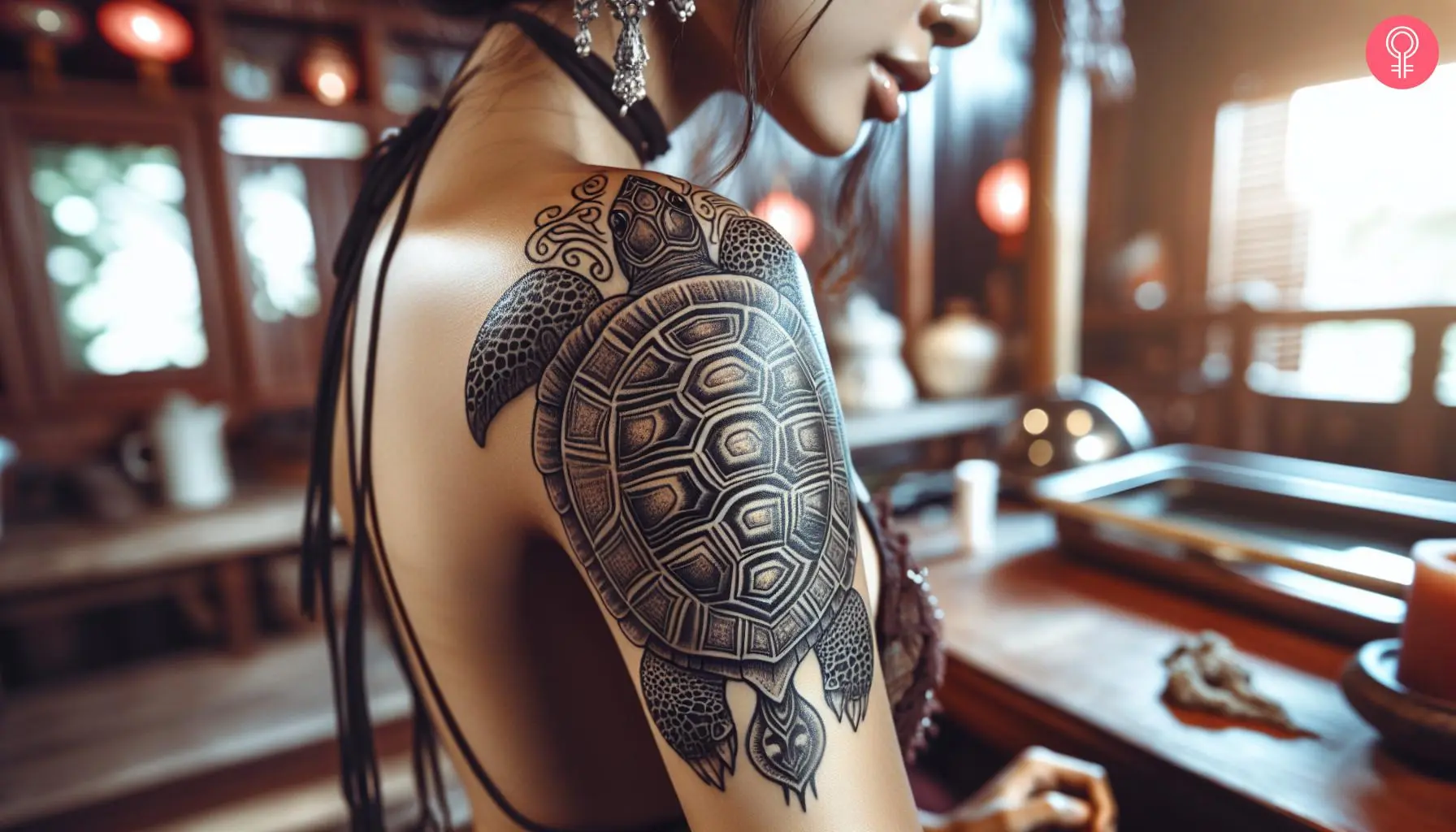 A woman with black Sulcata tortoise tattoo on her upper arm