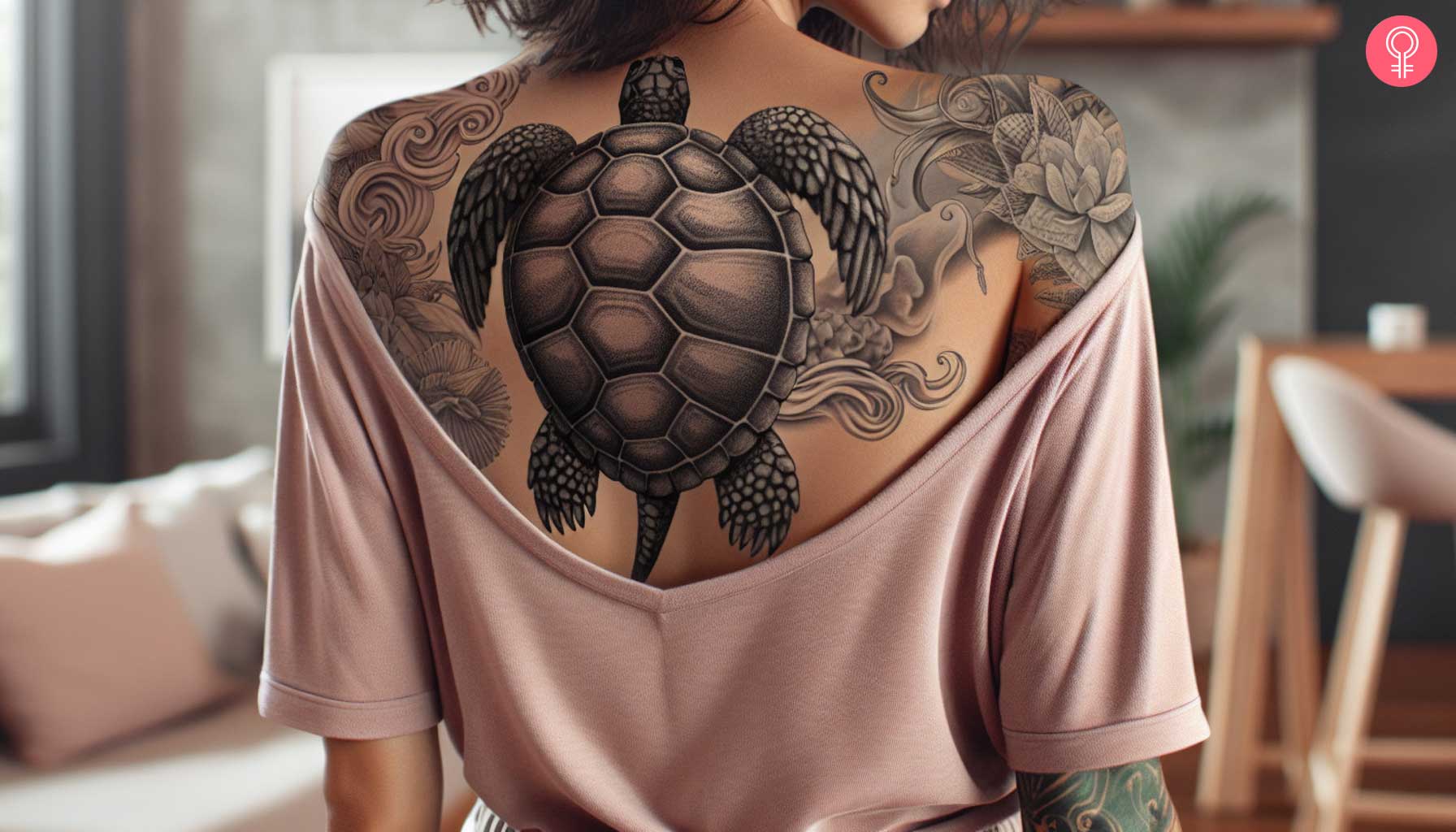 A woman with black realistic tortoise tattoo on her upper back