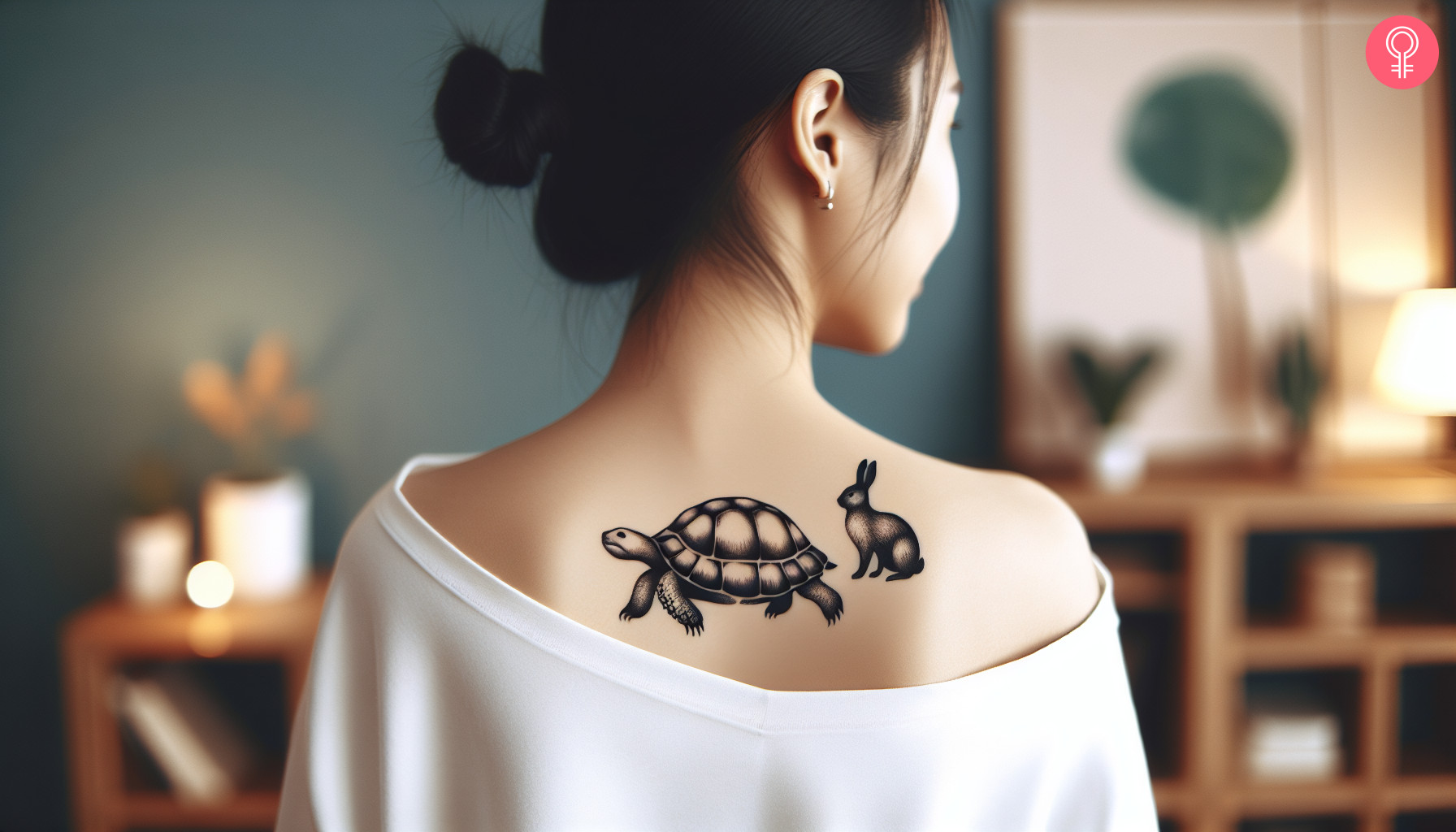 A woman with black tortoise and hare tattoo on her upper back