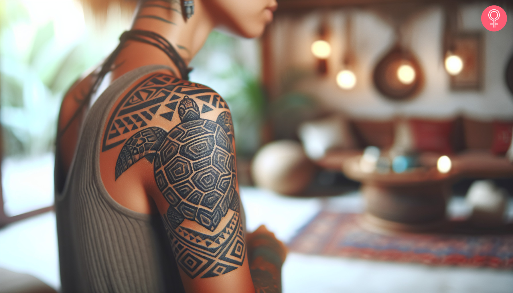 A woman with black tribal-style tortoise tattoo on her upper arm