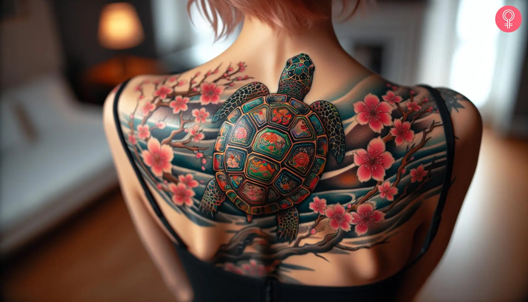 A woman with colored Japanese-style tortoise tattoo on her upper back