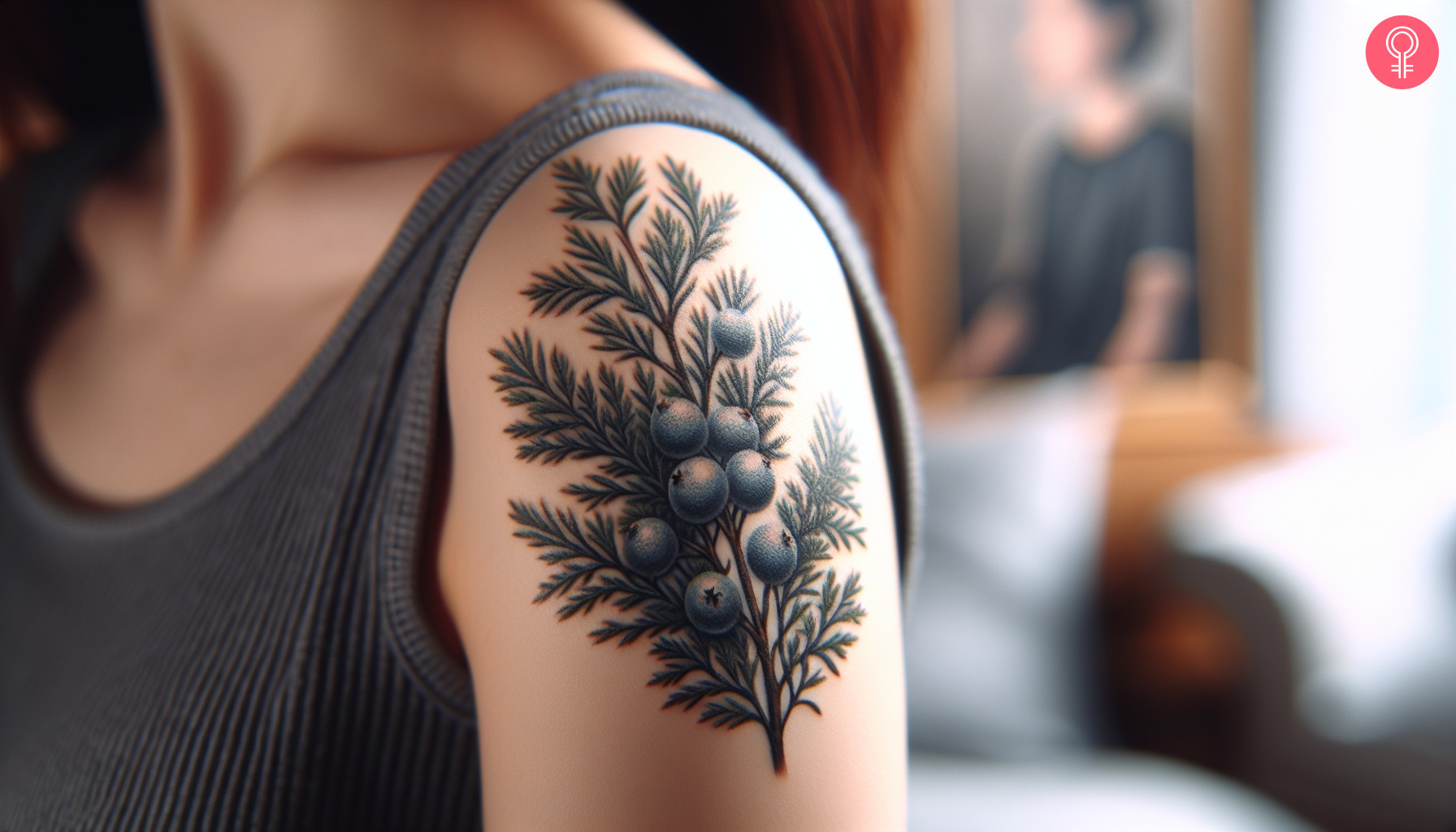 A woman with a colored juniper branch and berries tattoo on her upper arm