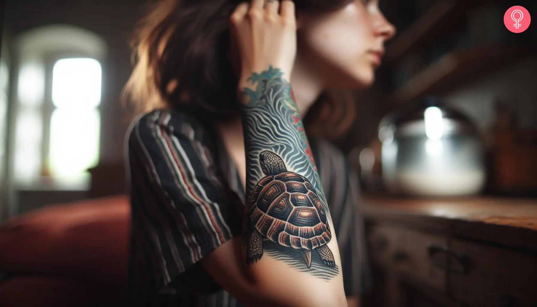 A woman with colored traditional tortoise tattoo on her forearm