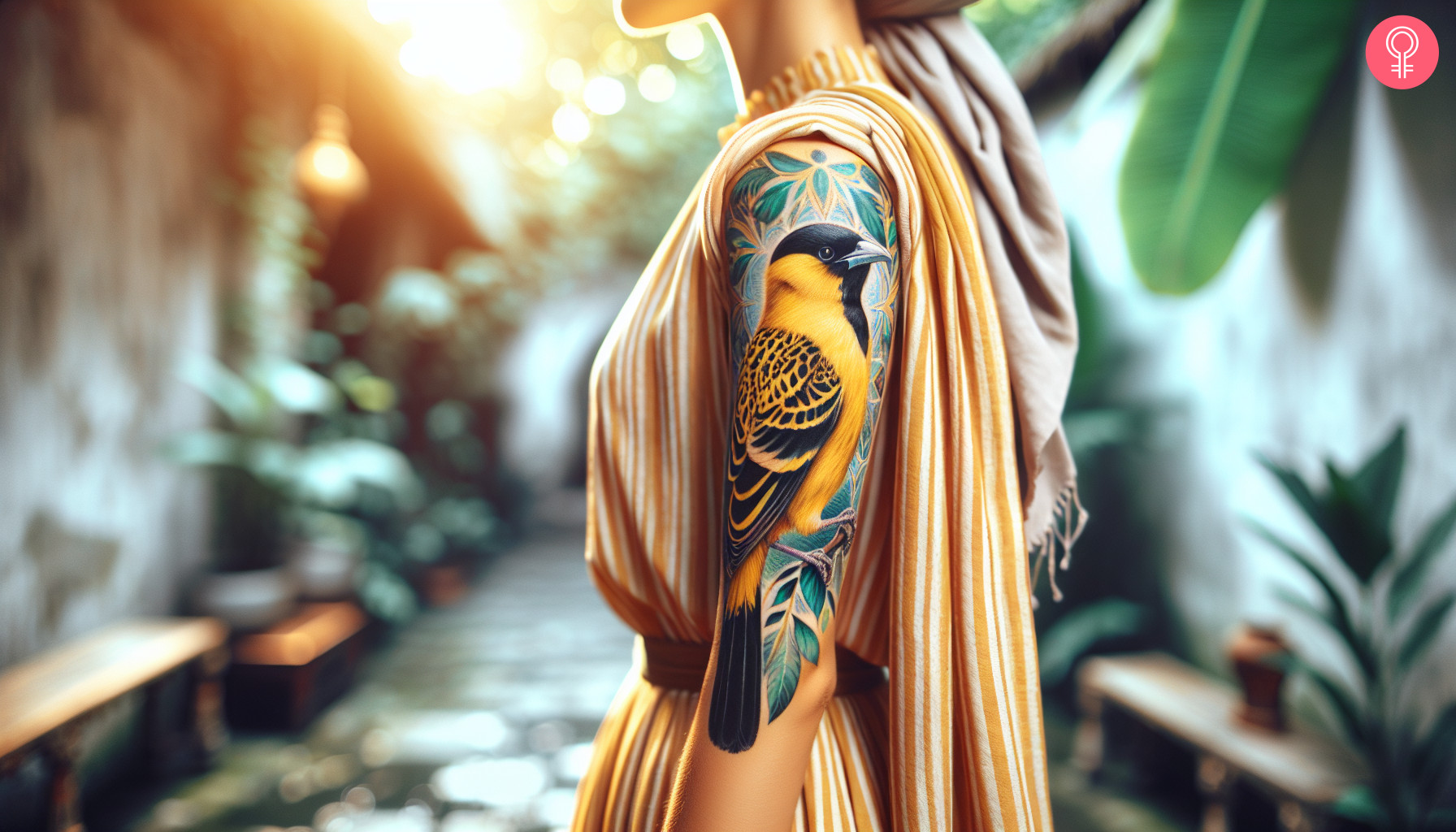 A woman with realistic golden oriole tattoo on the upper arm