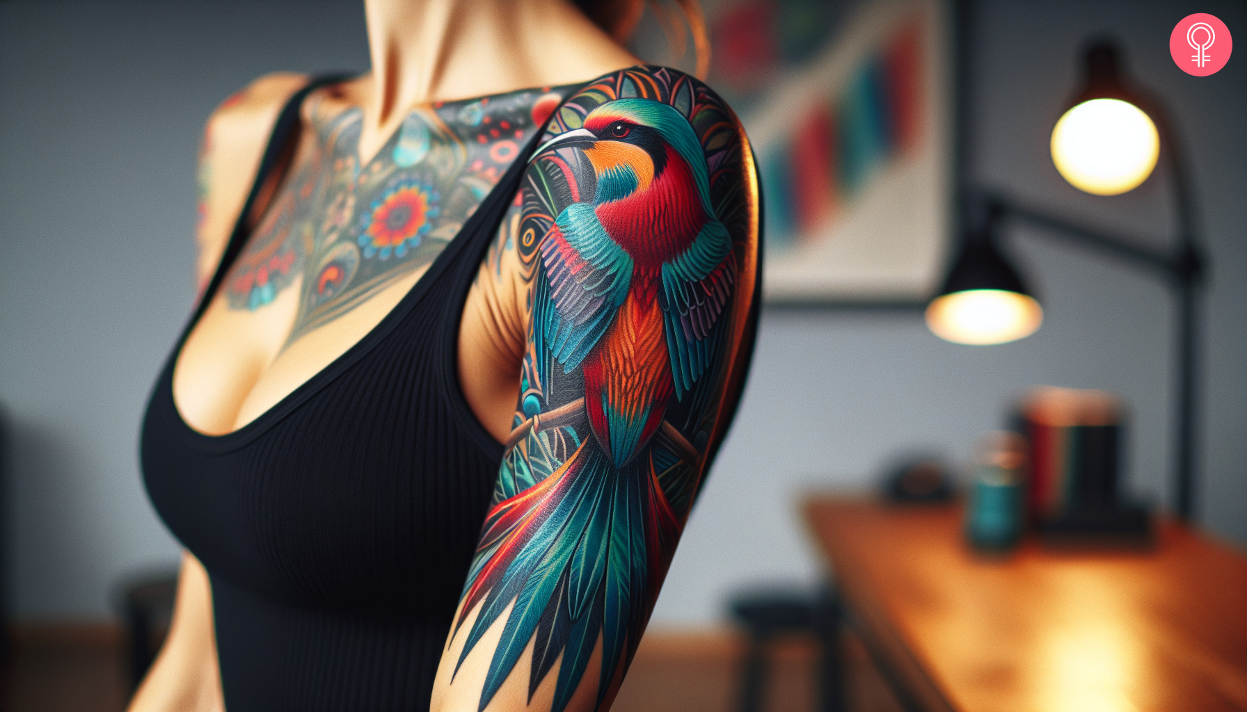 A woman with vibrant contemporary bird tattoo on her upper arm