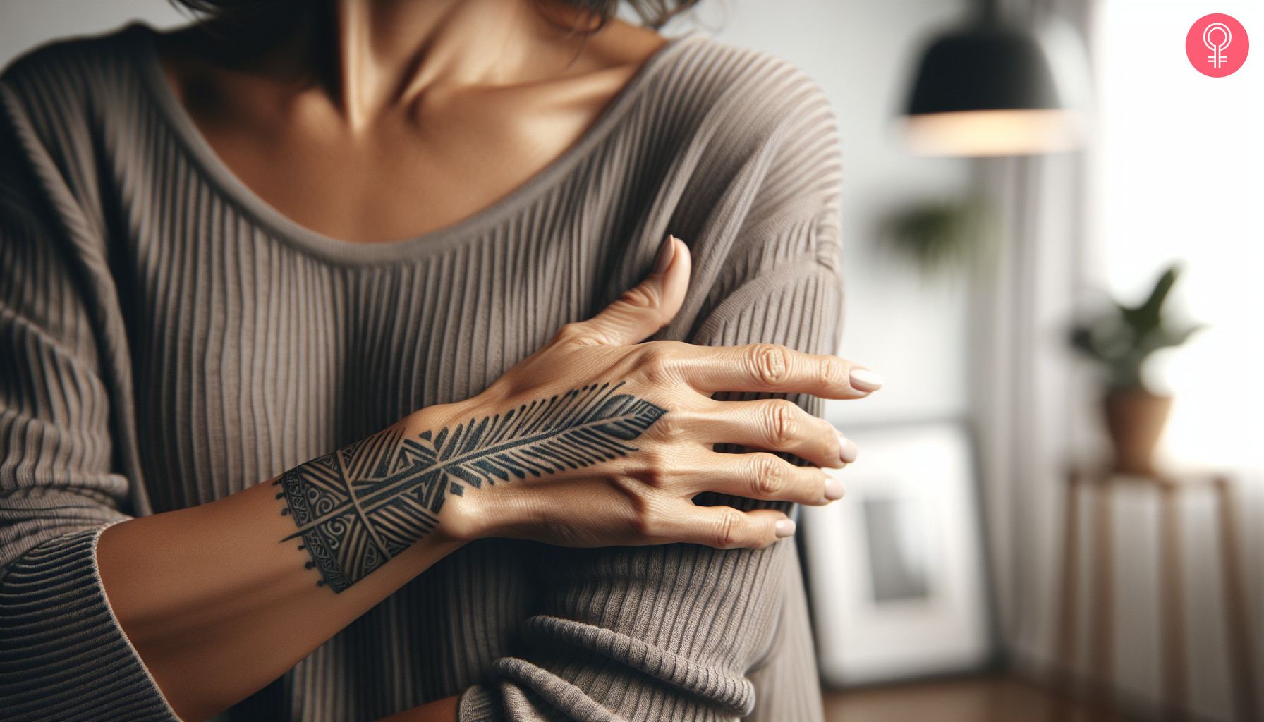 A wrist and hand tattoo featuring lines and swirls