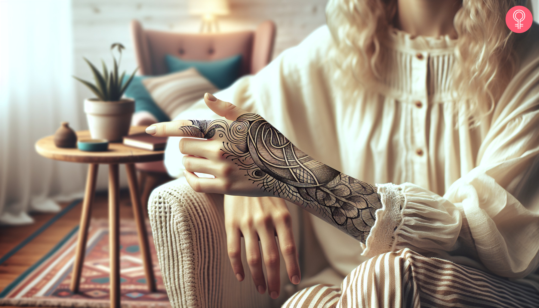 A woman with a linework abstract tattoo on her arm