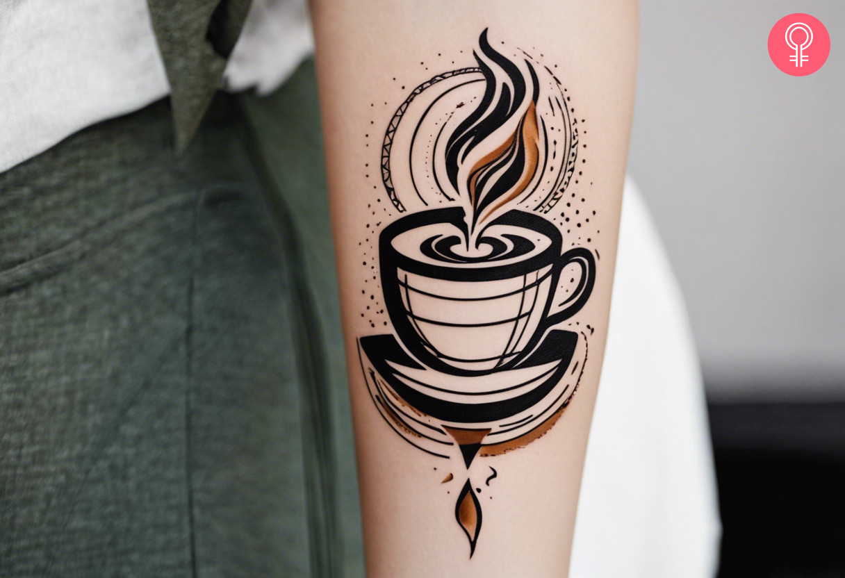 Abstract coffee cup tattoo on the forearm