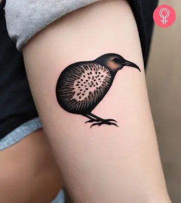 Woman with a kiwi bird tattoo on her outer arm