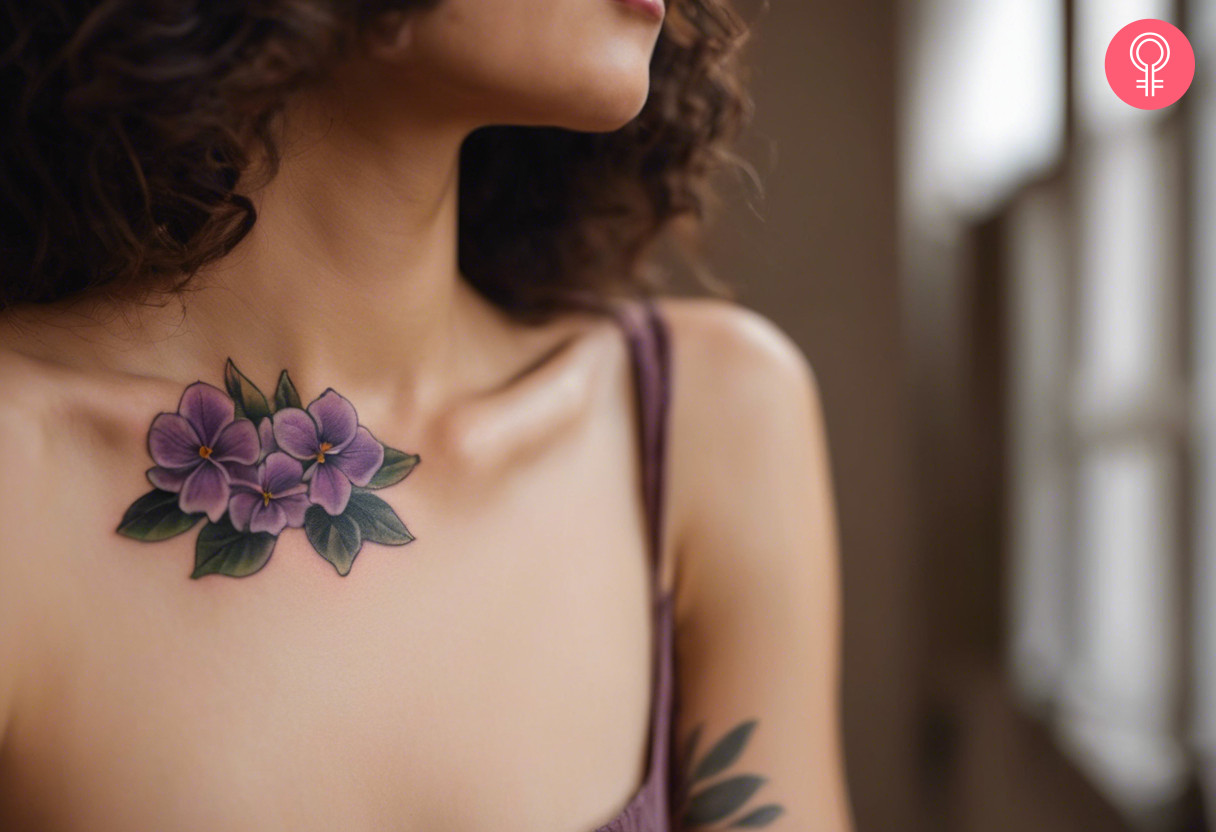 A woman wearing an African violet tattoo on the collarbone