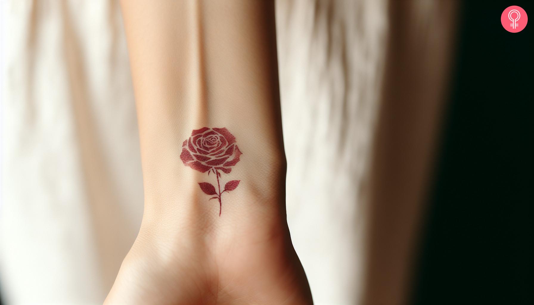 A red rose tattoo on the wrist