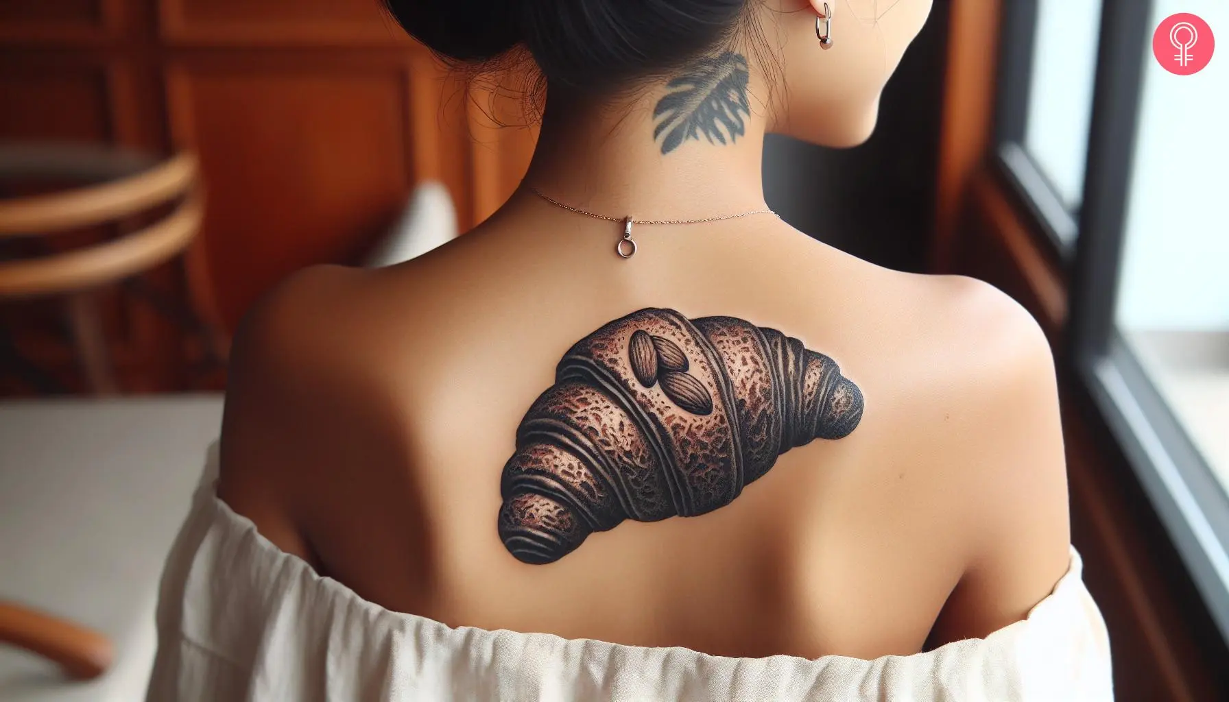 Woman with almond croissant tattoo on her upper back